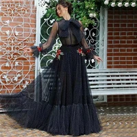 black evening dresses 3d flowers party gown dot tulle puff sleeves formal prom dress vestido de festa abiye gece elbisesi robe