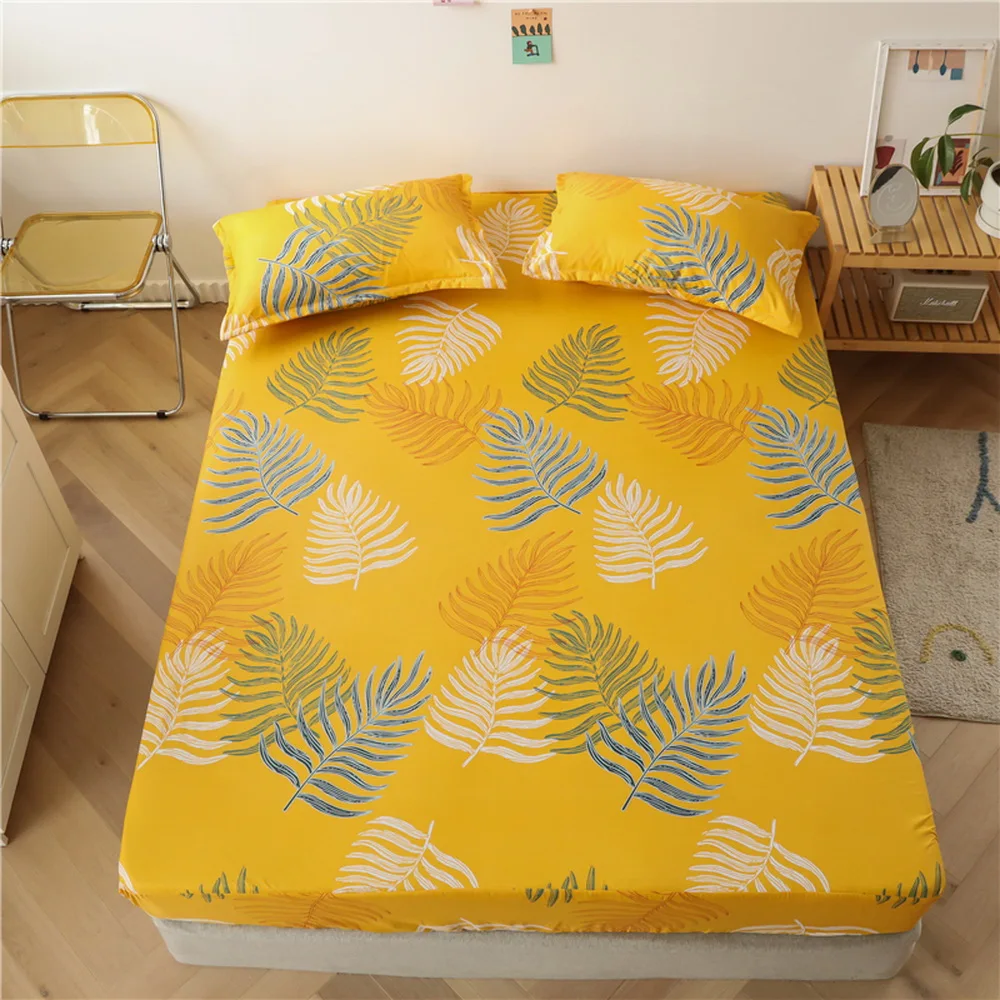 

ARICK Fashion Yellow Tropical Leaves Bed Fitted Sheets Sabanas Mattress Cover with Elastic Microfiber 90*200*30 150*200*30cm