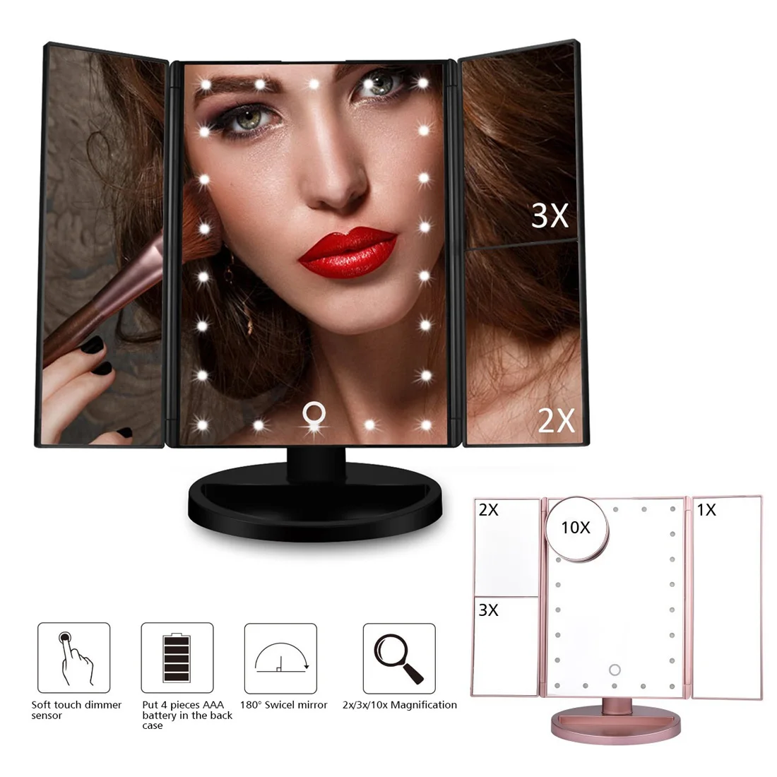 

22 LED Light Makeup Mirror 1X/2X/3X/10X Magnifying Makeup Mirror with LED Light Folding touch screen Adjustable desktop Mirror