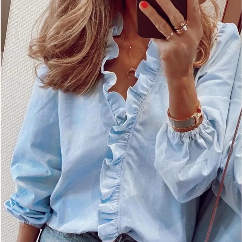 

Blouse Women Tops Fashion Floral Tunic Long Sleeve Ruffle S~5XL T Shirt Tops V Neck