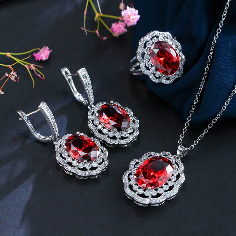 

PANSYSEN Elegant Women Silver 925 Necklace/Earrings/Ring Jewelry Sets New Trend Ruby AAA Zircon Cocktail Party Jewelry Set Gifts