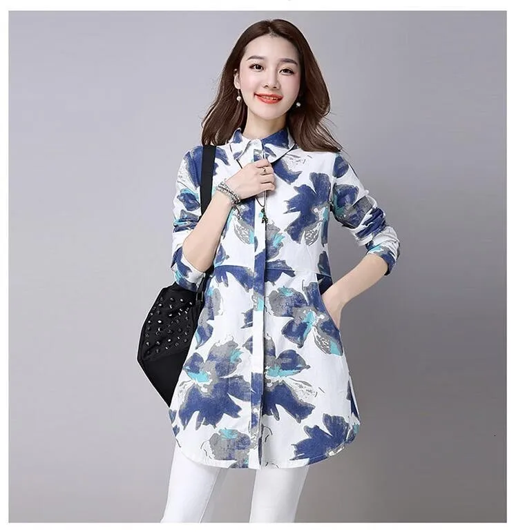 3009 Chinese Linen Shirt Women White Long Sleeve Retro Floral Print Shirt Women Cotton Long Linen Blouse Female Vintage Tunics