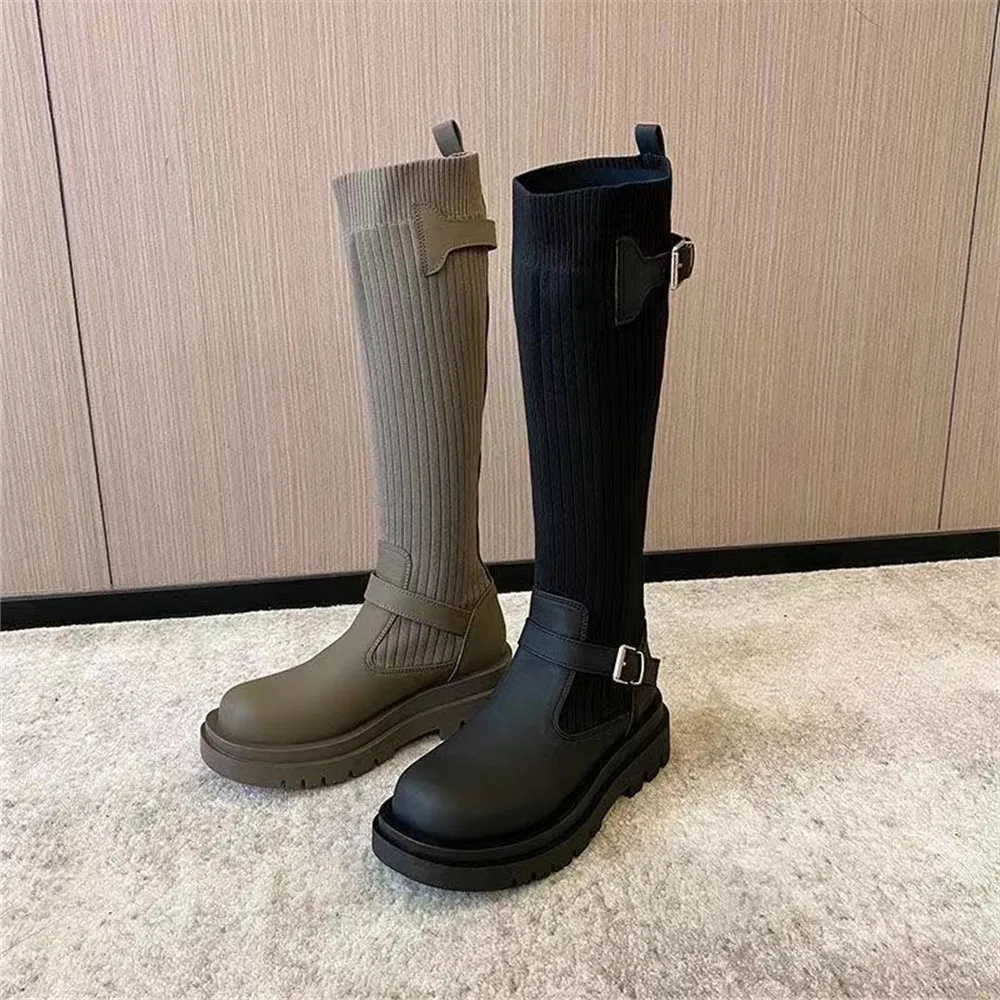 

Autumn Winter New British Style Long Tube Women's Socks Boots Belt Buckle Thick Bottom Fashion Versatile Knee High Elastic Boots