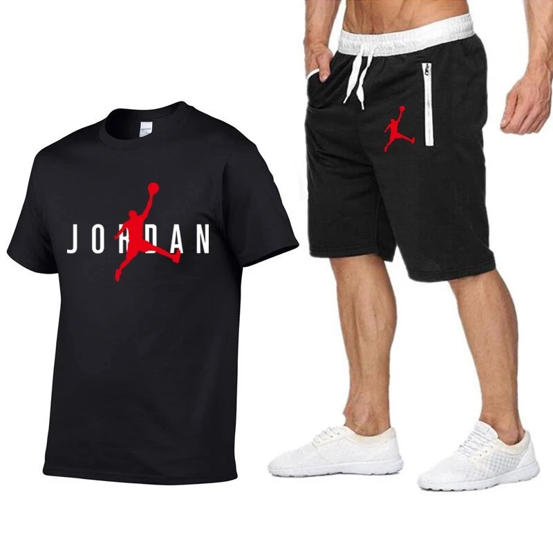 

2021 summer hot sale fashion printing men's fitness sports short-sleeved T-shirt + sports and leisure beach quick-drying shorts