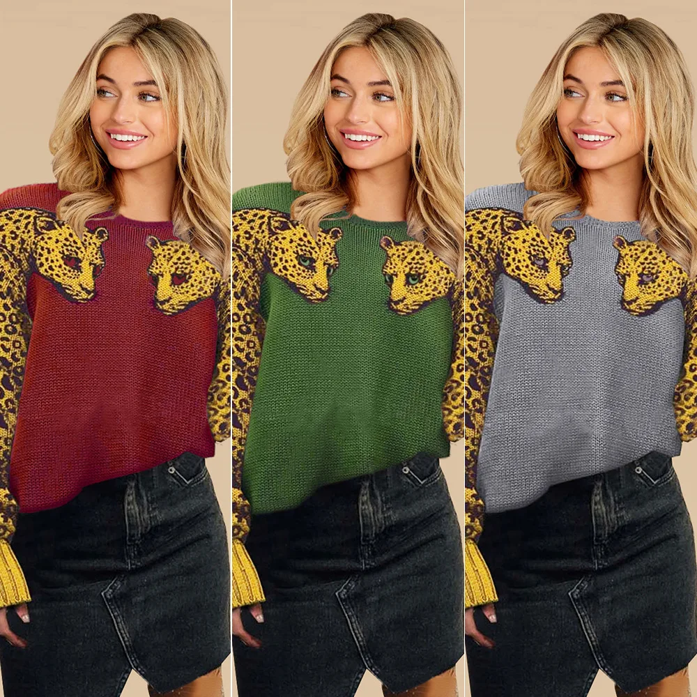 

Женский свитер с леопардовым принтом, осенне-зимний модный пуловер с О-образным вырезом и длинным рукавом в стиле пэчворк с животным принто...