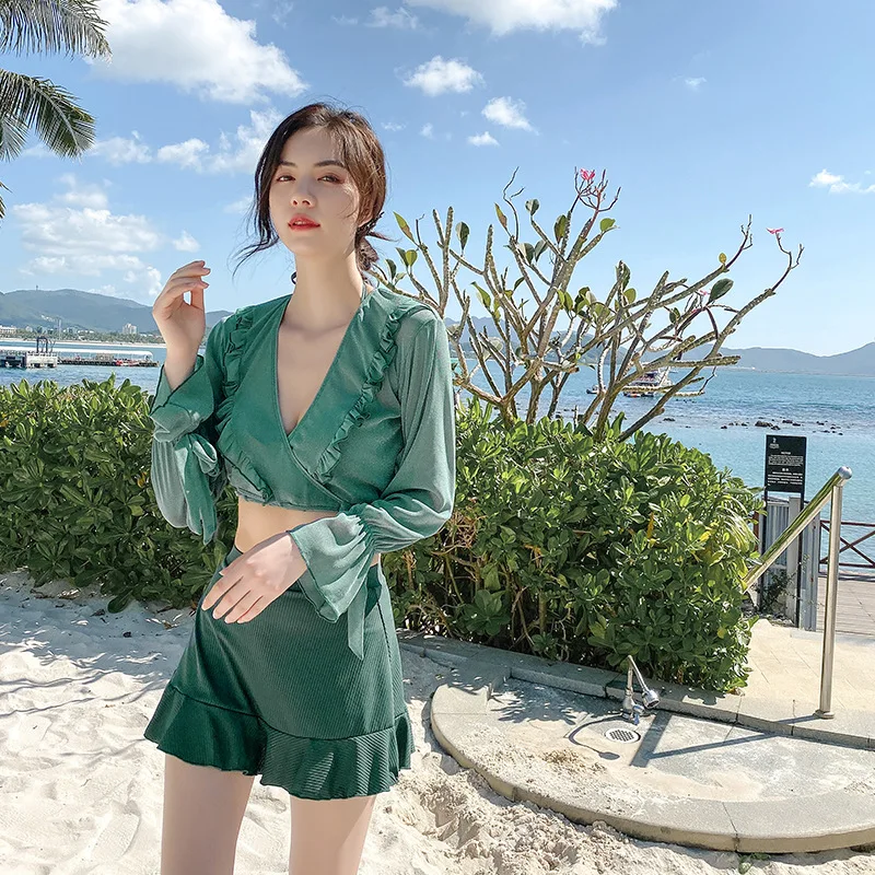 

4Pcs Bikinis Set 2021 Korean New Split Swimsuit Women Ruffle High Waist Push Up Slim Skirt Conservative Padded Halter Swimwear