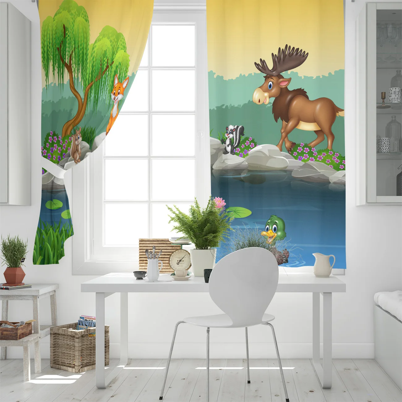Животные мультфильм озеро вода прекрасный гармония детские яркие окна шторы для