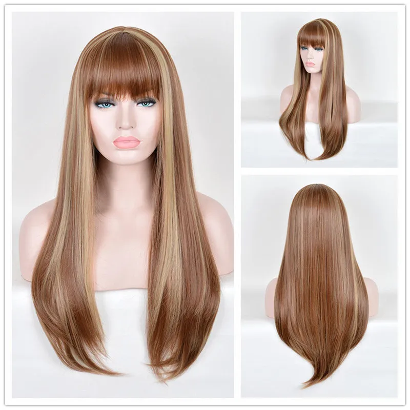 

Womenâ€™s Silky Long Straight Brown Wig with Blonde Highlights Heat Resistant Yaki Synthetic Wig Hair Wig for Women Daily Party