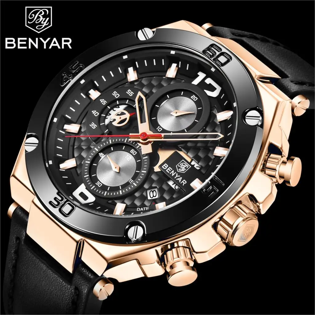 2021 BENYAR New Brand Luxury Men Watch Leather Quartz Clock Fashion Chronograph Wristwatch Male Sport Military Relogio Masculino