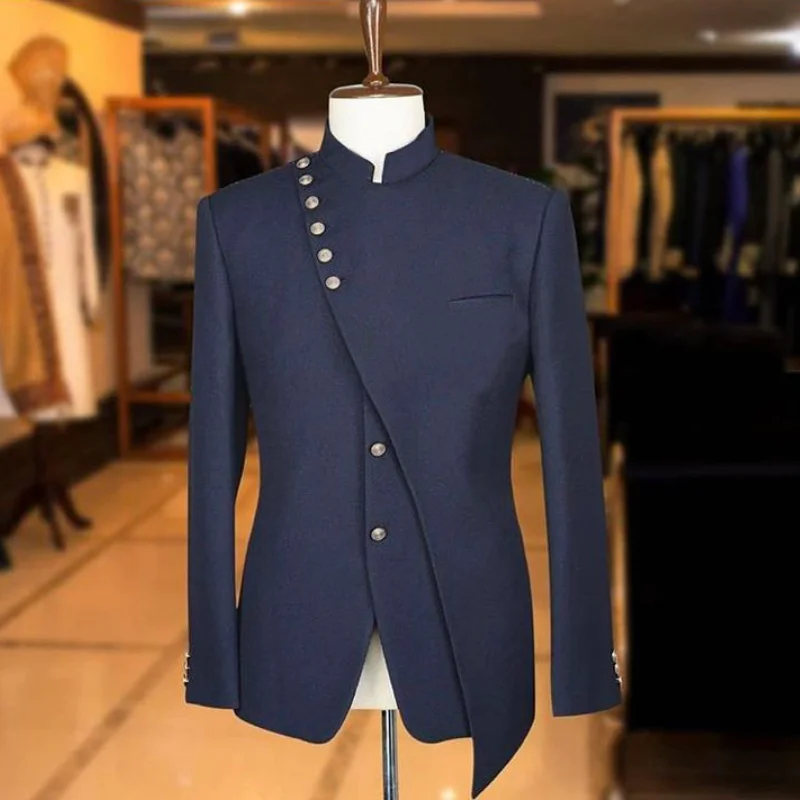 Latest Irregular Costume  Men Wedding Suits Stand Collar Groom Blazer Terno Masculino Slim Fit 2 Pieces Jacket+Pant