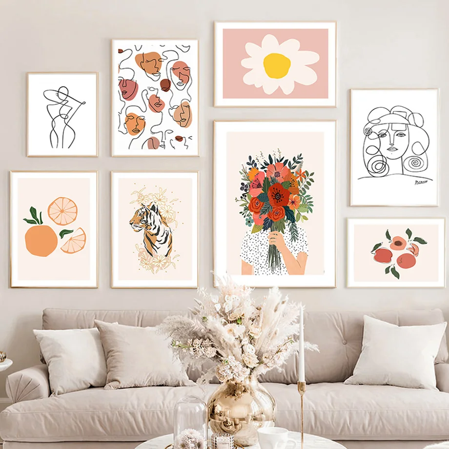 

Flowers Girl Face Tiger Orange Abstract Wall Art Canvas Painting Nordic Posters And Prints Wall Pictures For Living Room Decor