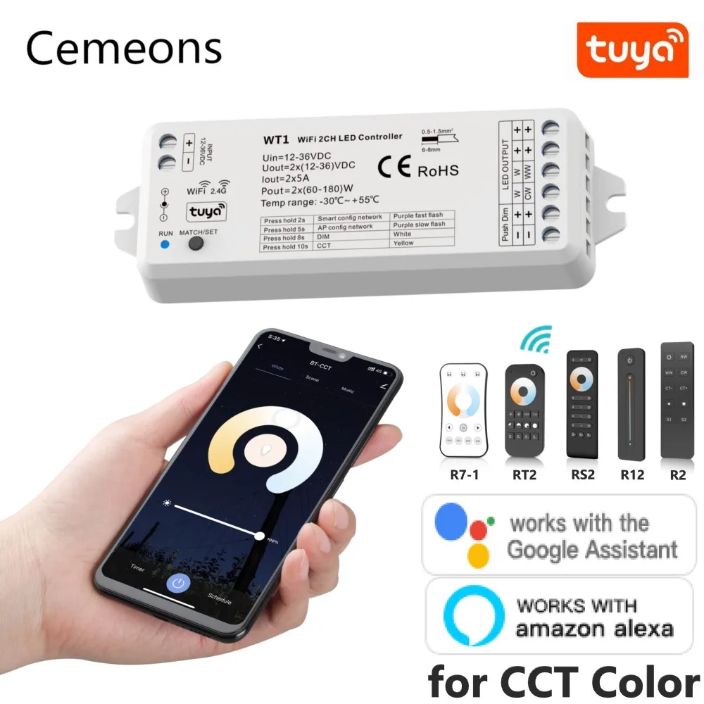 

Умный регулятор яркости светодиодных лент Tuya, 2 канала, 2,4 ГГц, 12 В постоянного тока, 24 В, CCT, одноцветная лента, приложение TUYA, Google Assistant, Echo Plus, г...