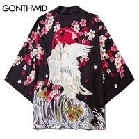 gonthwid harajuku cherry blossoms flowers print japanese kimono cardigan haori coats jackets shirts streetwear hip hop tops
