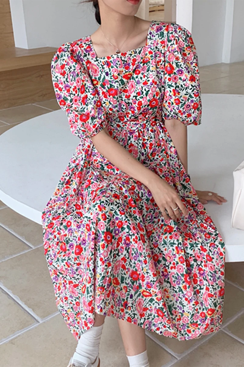 

Korean retro elegant square neck floral A-Line dress lace-up waist print puff sleeve dress summer long Dress female vestidos