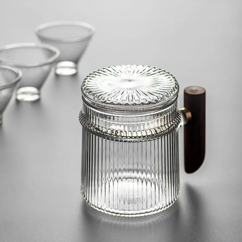 

Heat-Resistant Glass Tea Cup With Wooden Handle Filter Vertical Stripes Teapot Puer Kettle Flower Tea Set Coffee Teaware