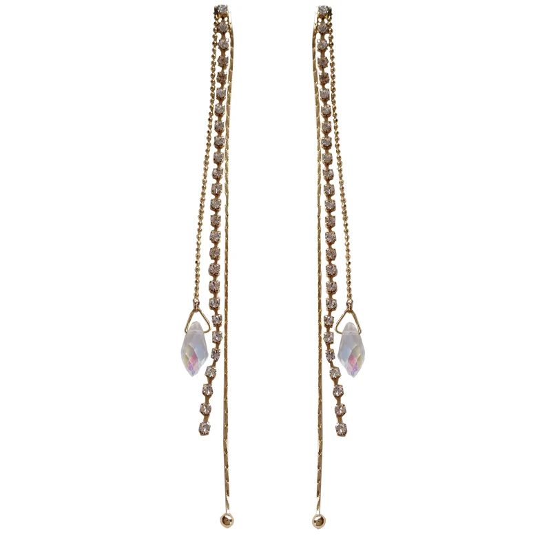

S925 needle Trendy Jewelry Long Tassel Earrings Metal Chain High Qaulity Crystal Colorful Glass Drop Earrings For Women Gifts