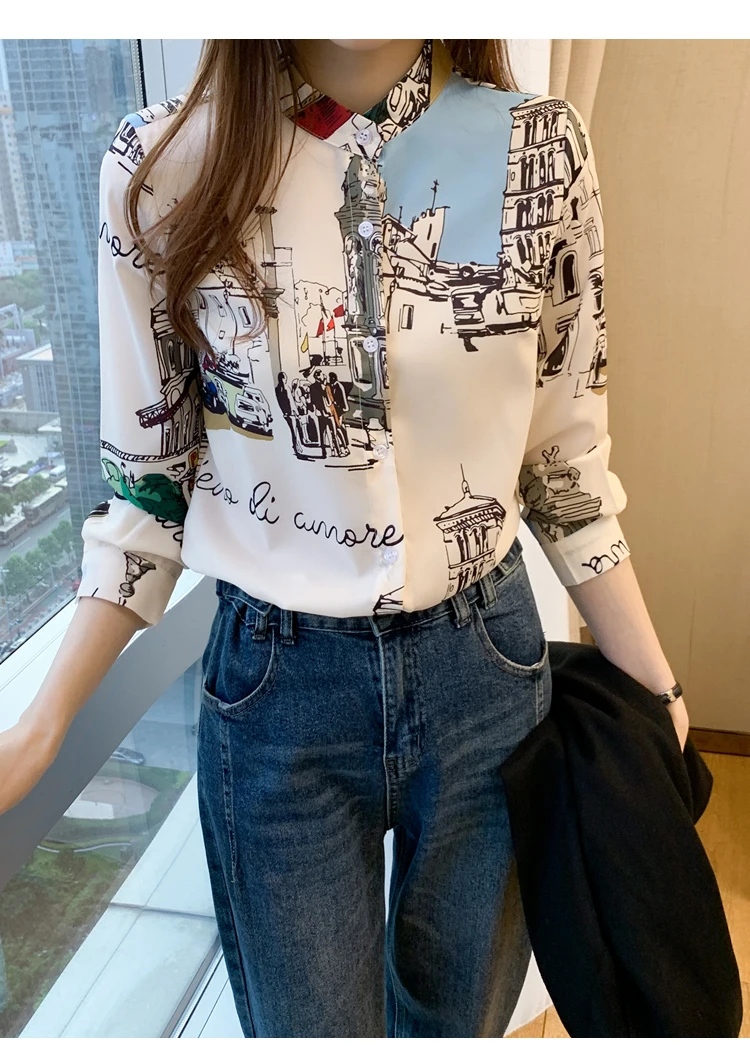 

Vintage Printed Tops Women Chiffon Long Sleeved Shirt Autumn 2020 New Designer Single-Breasted Office Lady Women Shirts