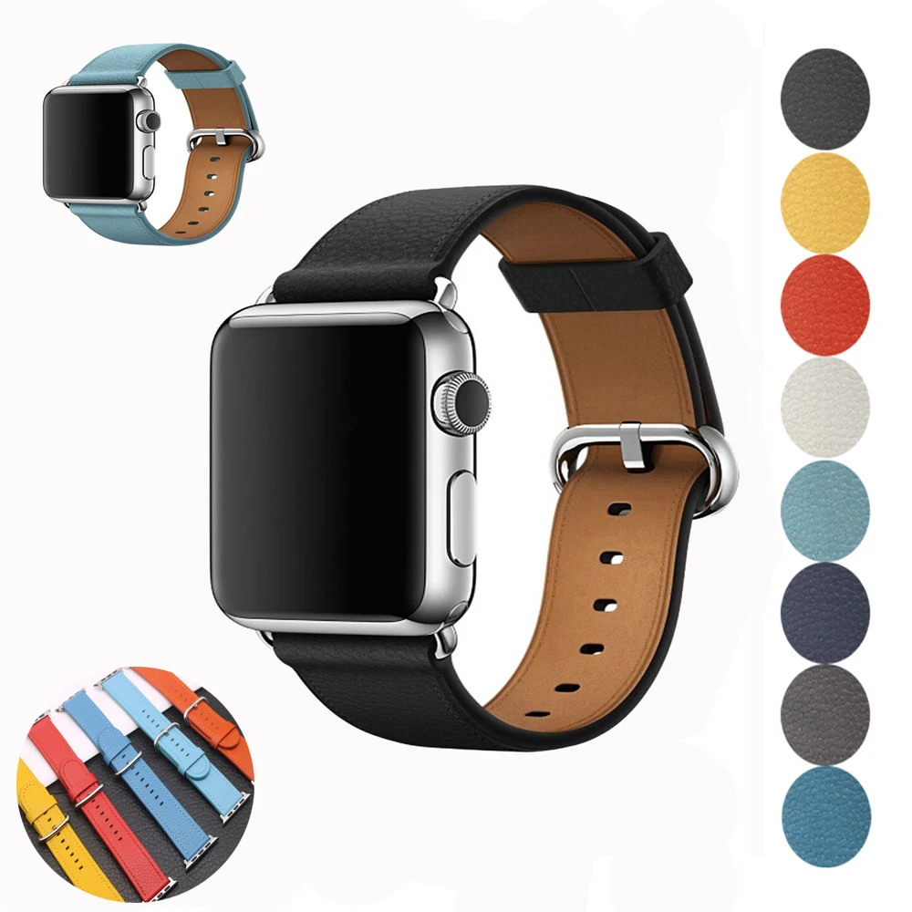 

Leather Strap for apple watch band correa watch 44mm 40mm 42mm 38mm 41mm 45mm iwatch serie 7 6 SE 5 4 3 Lychee Classic bracelet