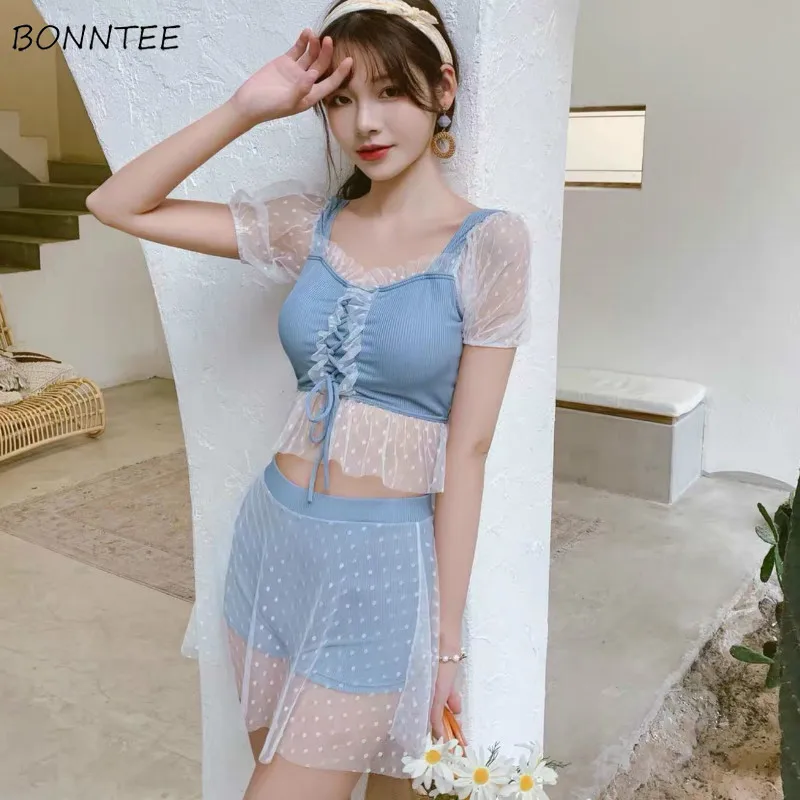 Комплекты бикини женские летние сетчатые в горошек на шнуровке с пышными