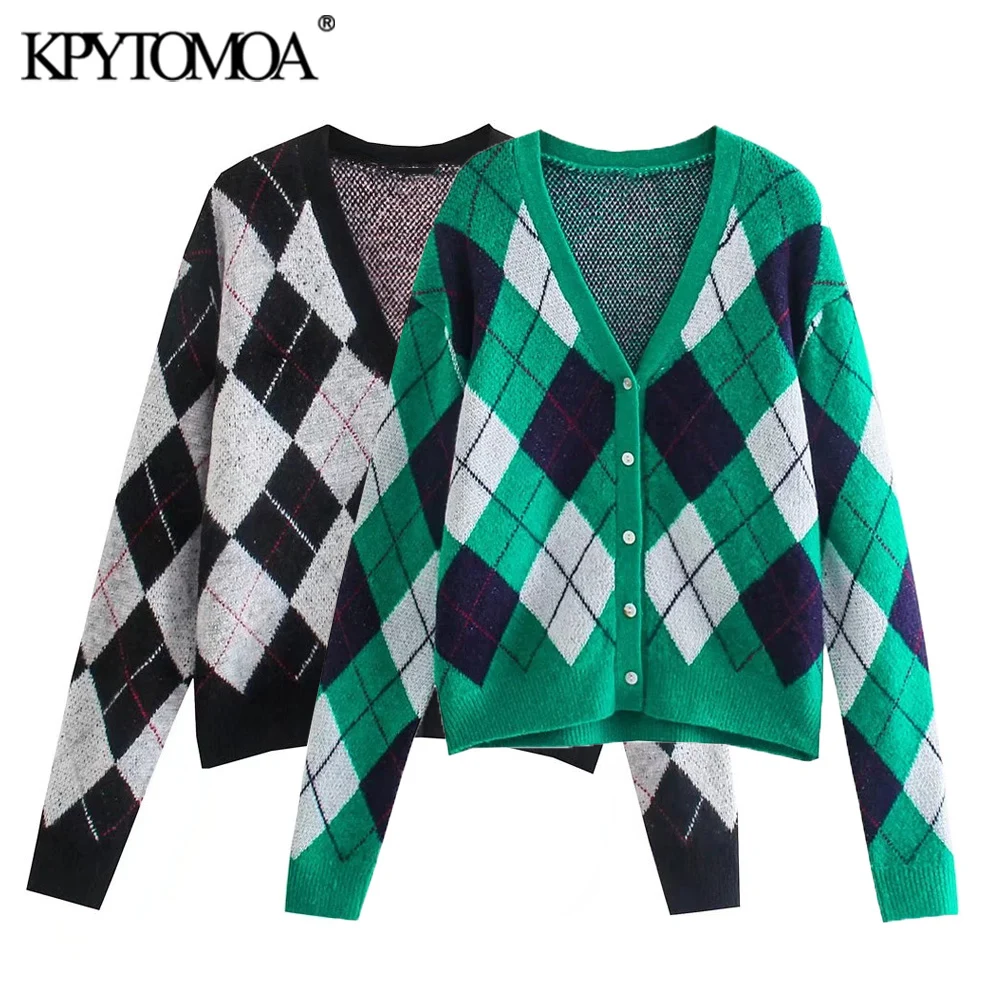 

KPYTOMOA женский 2021 модный Свободный вязаный кардиган с узором ромбиками свитер винтажный с длинным рукавом на пуговицах женская верхняя одежд...