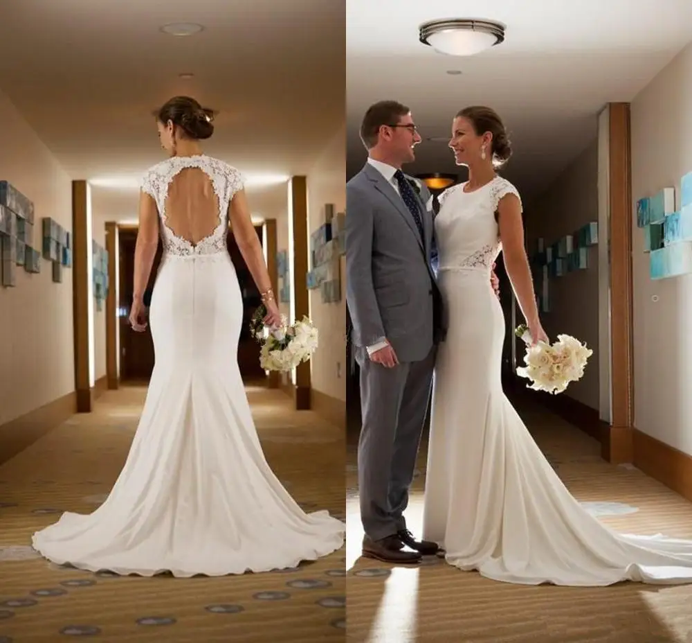

2021 Elegant Mermaid Lace Wedding Dresses Cap Sleeves Sweep Train Open Back Country Bridal Gowns Charming robes de mariée