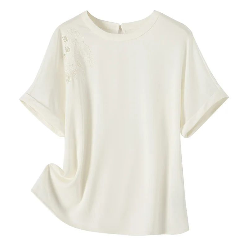

Gezelligheid Silk Tops For Women 2021 Summer New Fashion Elegant Casual Slim Embroidery Hollow Out 100% Silk Natural Shirts Top