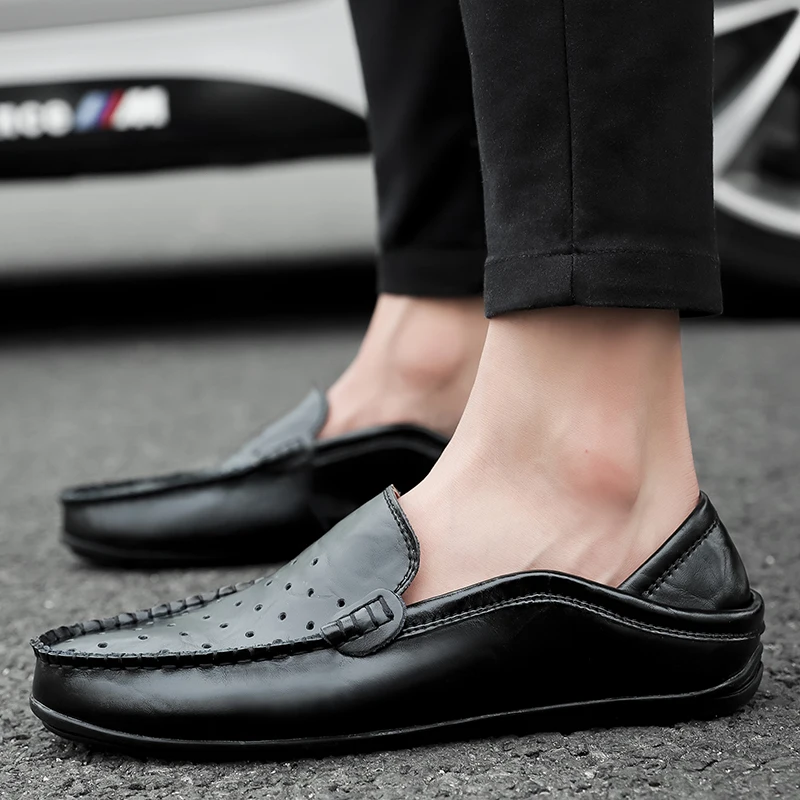 

Big Size 47 Leather Loafer Hollow Out Breathable Shoes Classic Comfy Light Casual Mens Shoes Mens Leather Slippers Driving Shoes