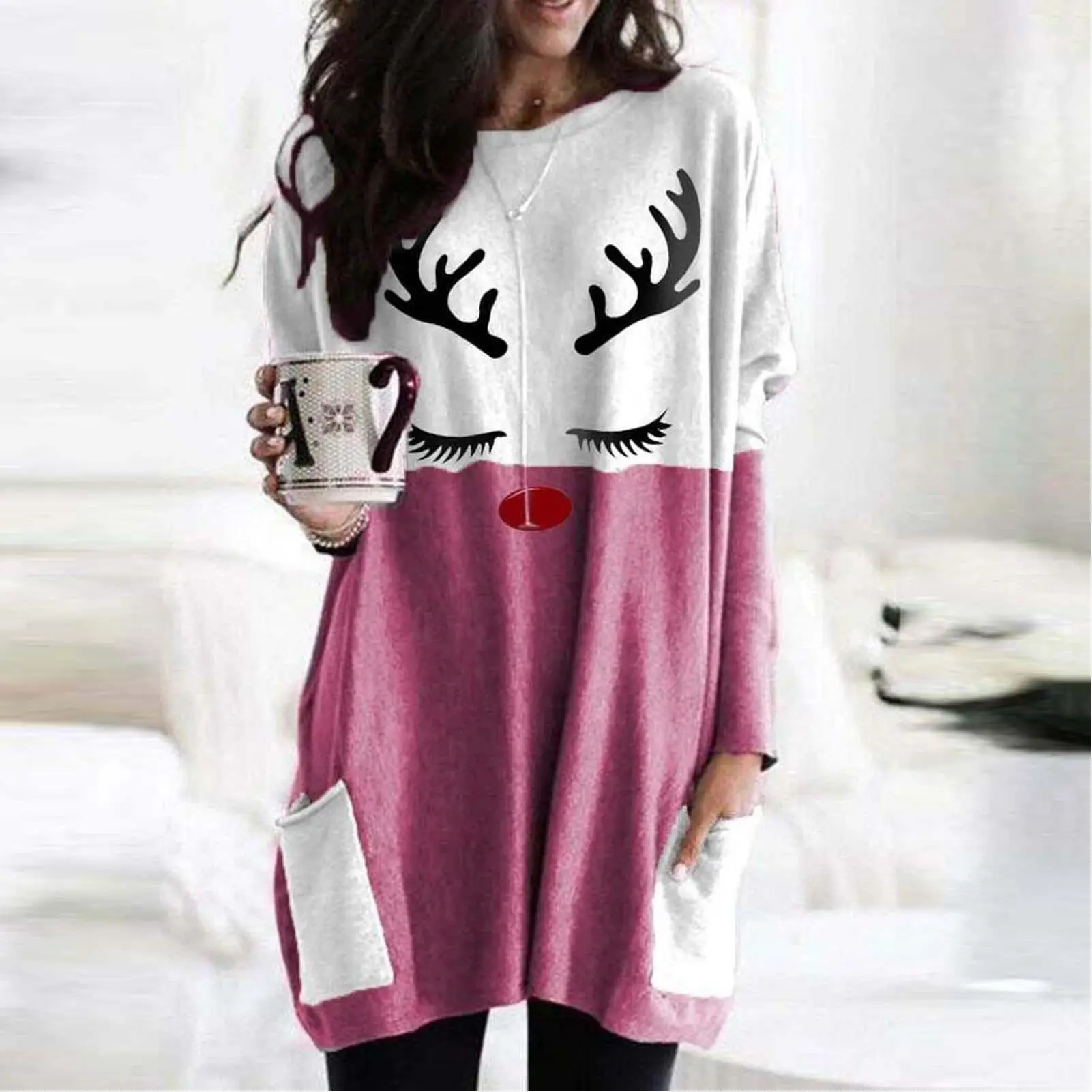 

Plus Size Tunic Autumn Women T-Shirts Casual Cartoon Print Christmas Tshirt Casual Loose Long Sleeve Tunic Women Top Camisetas