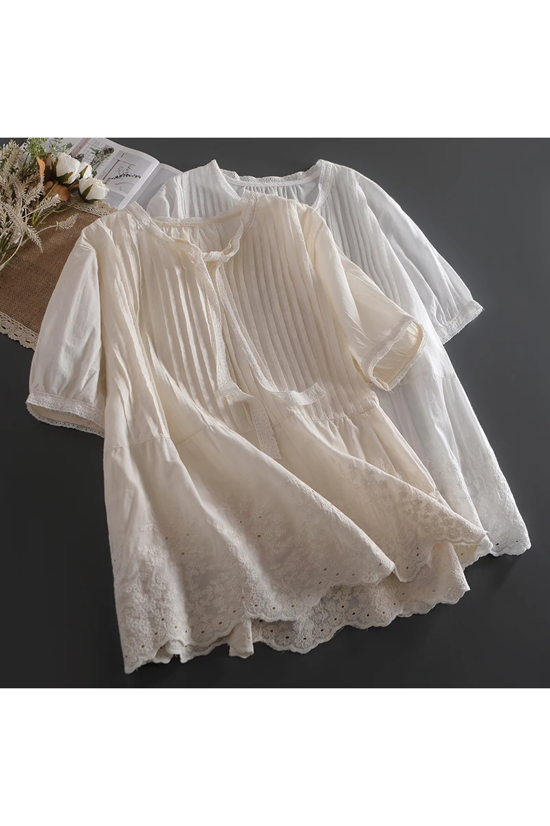 

Mori fairy pleated shirt women tops solid embroidery cotton top short sleeve casual wear tops
