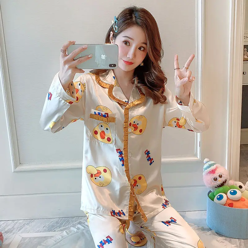 

Satin Silk Pajamas For Women's Pyjamas Set Long Sleeve Mujer Pijamas Sexy Lingerie Sleepwear Homewear Femme Night Suit