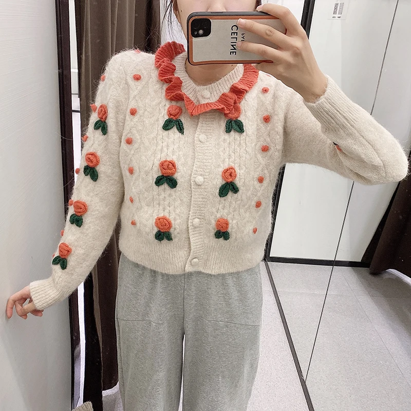 

breasted decorative sweater O-Neck Cardigan Casual knitted sweater 2020 Women 3D flower embroidery knitted sweater Single