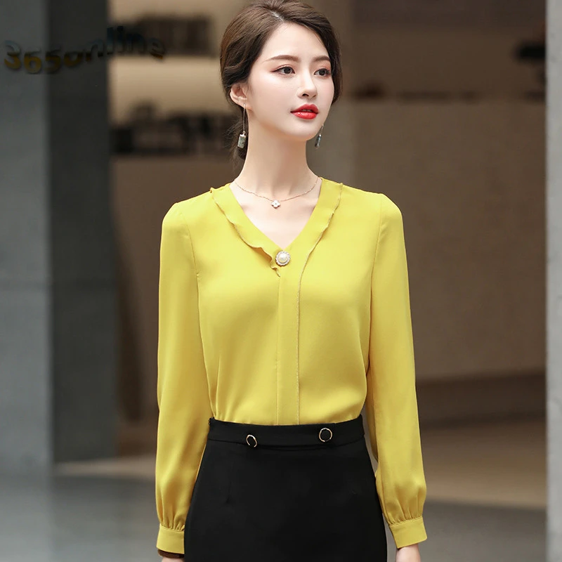 

Fashion V-neck Long Sleeve Elegant Yellow Blouses Shirts 2020 Spring Summer OL Styles Women Female Blouse Casual Tops Clothes