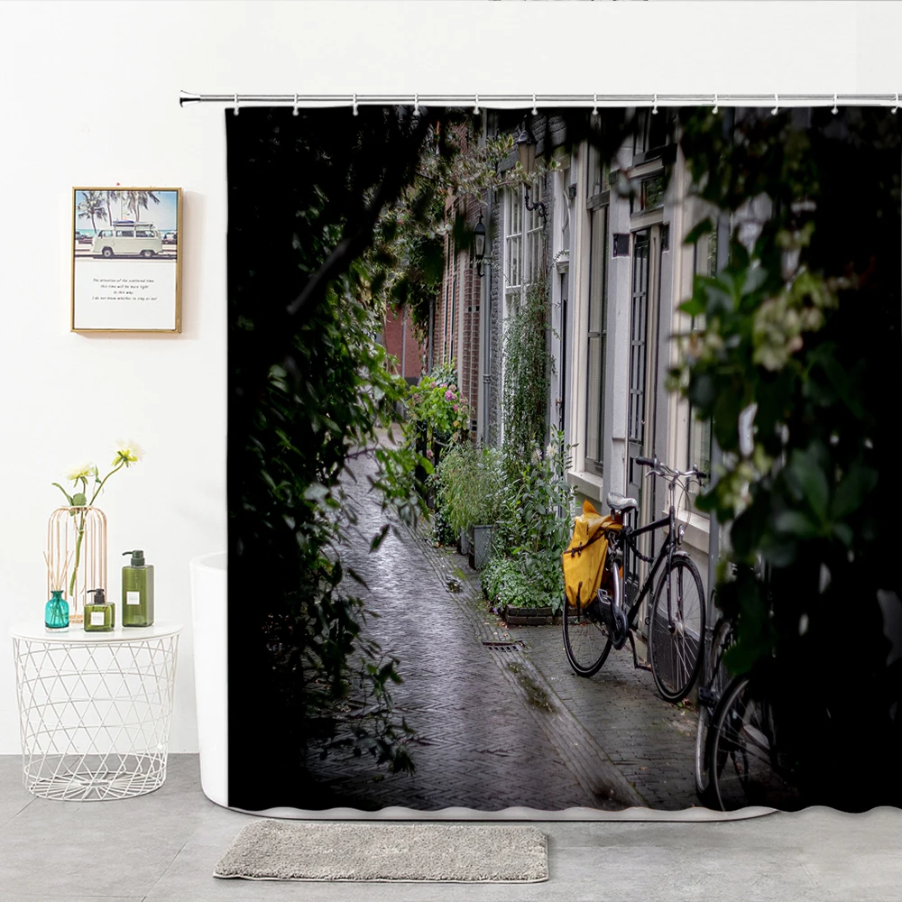

Retro European Style Shower Curtain Brick Structure Building Door Bicycle Decorated Bathroom Curtains 3D Perforated Curtains