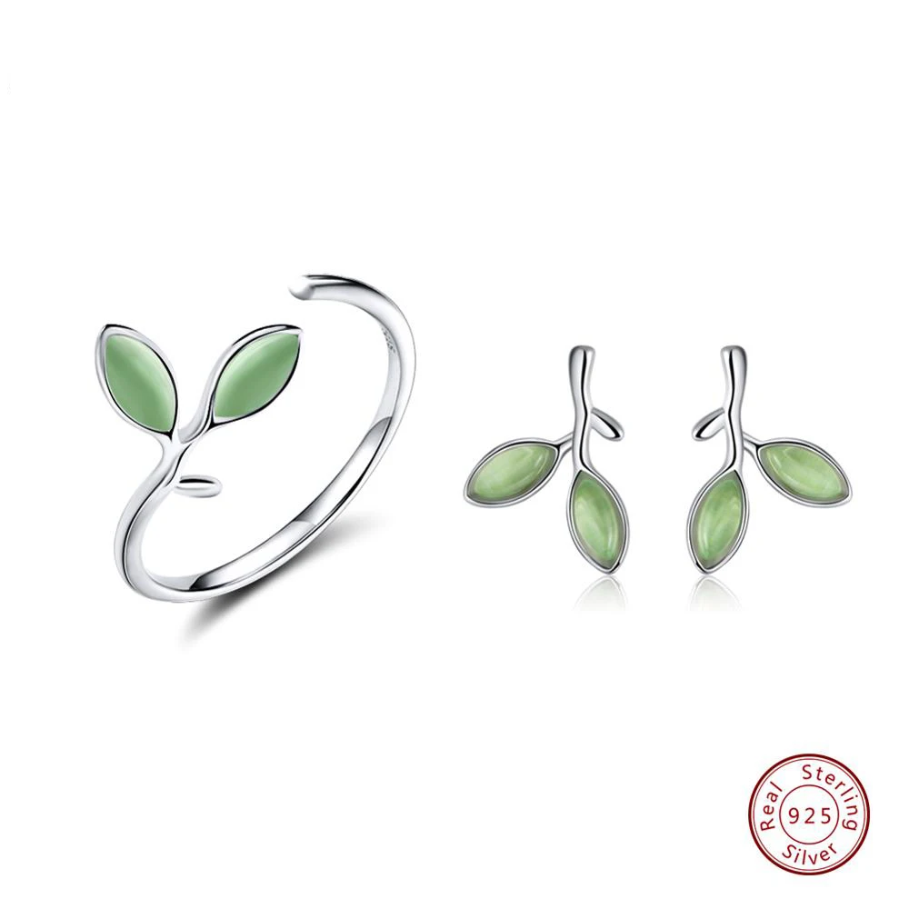 Ring Earring Effie queen 925 пробы Серебряные Ювелирные наборы для женщин форма зеленого листа кошачий глаз камень ожерелье/серьги/Кольцо/браслет TSS21 - Цвет камня: Ring Earring