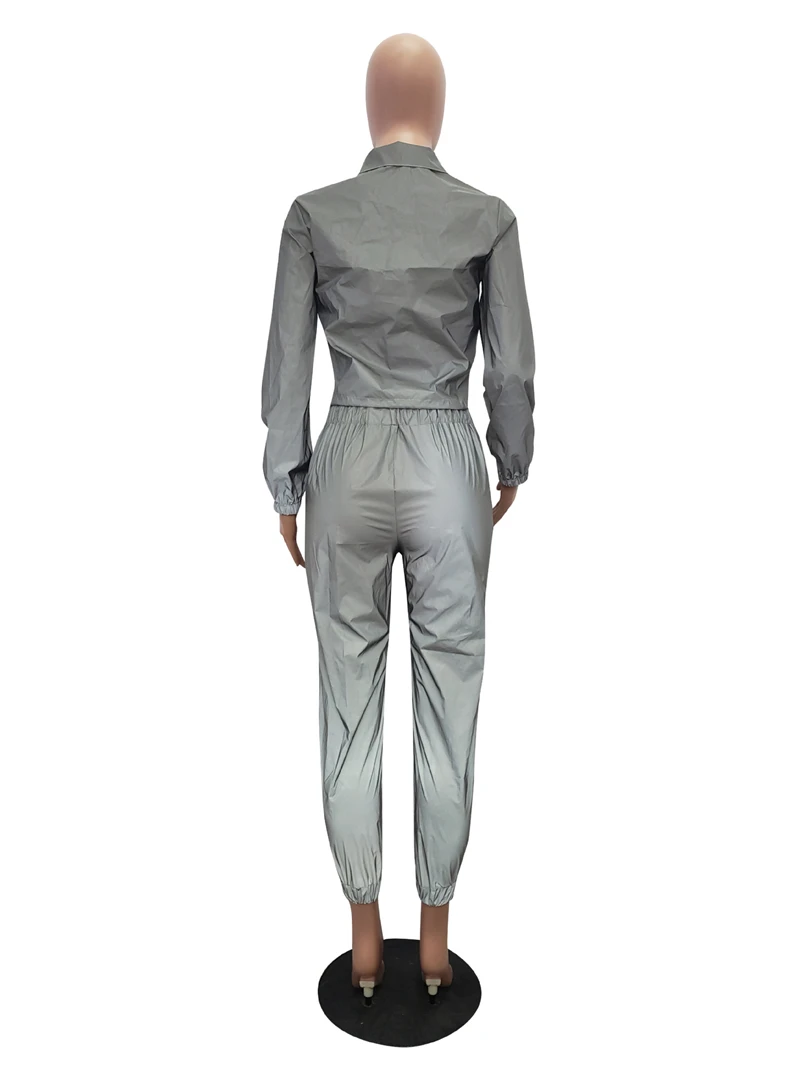 

reflective jacket women reflective girl jacket two piece set women top and pants grey Sexy club Streetwear coat pants jacket