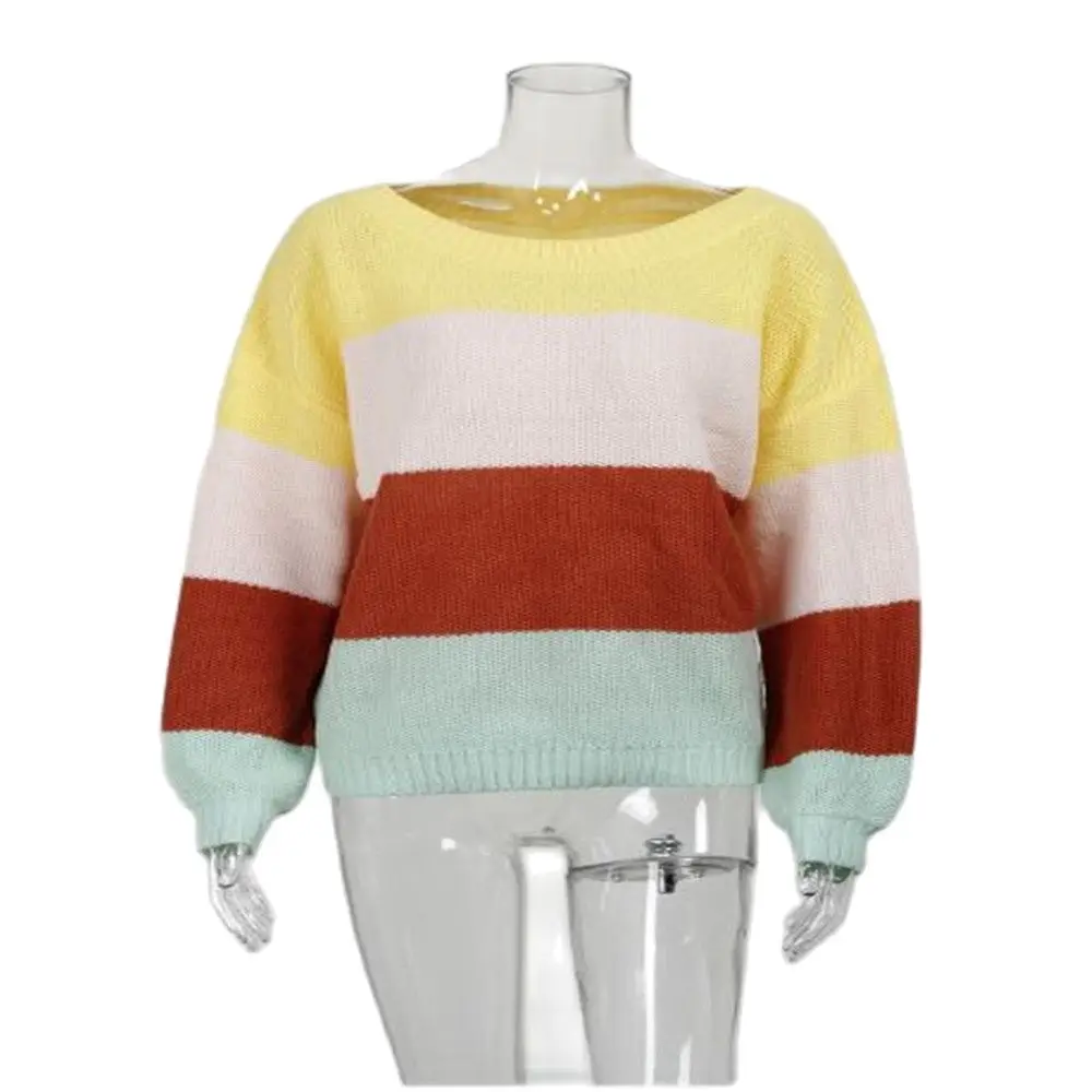 Autumn Fashion 2020 Women O-Neck Sexy Dew Shoulder Stripe Long Sleeve Pullovers Streetwear Casual Loose Lantern Sweater | Женская одежда