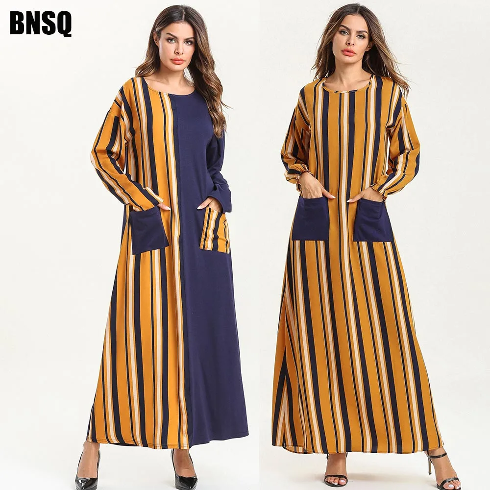 

BNSQ Макси-платье в полоску, мусульманское платье, Caftan Marocain Abaya Dubai Oma India lehenda Турция длинный рукав в арабском стиле хиджаб/кафтан платье