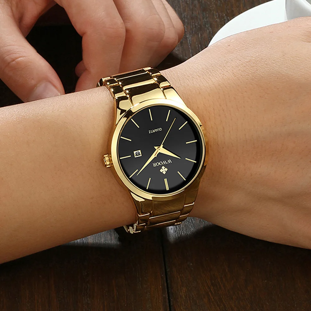 

WWOOR Luxury Men's Gold Black Watches Business Sports Quartz Watch Men Stainless Steel Waterproof Auto Date Clock Relojes Hombre