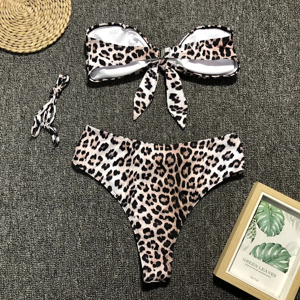 

Two Pieces Women Swimsuit 2021 Sexy Leopard Bikini High Waist Tie Push Up Swimming Bathing Suit Bikini Set Female Swimwear Women