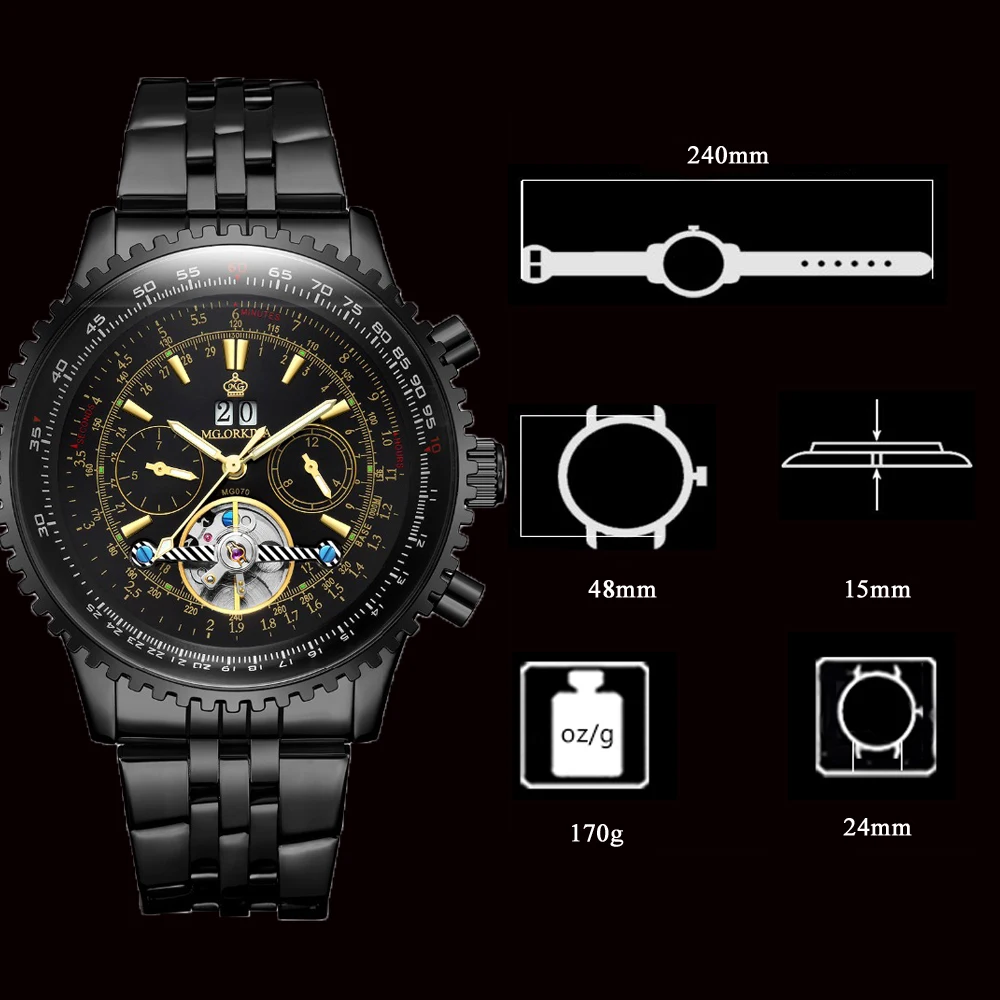 Tourbillon дизайн большой циферблат Автоматические военные часы мужские из нержавеющей стали механические часы известный роскошный бренд ORKINA