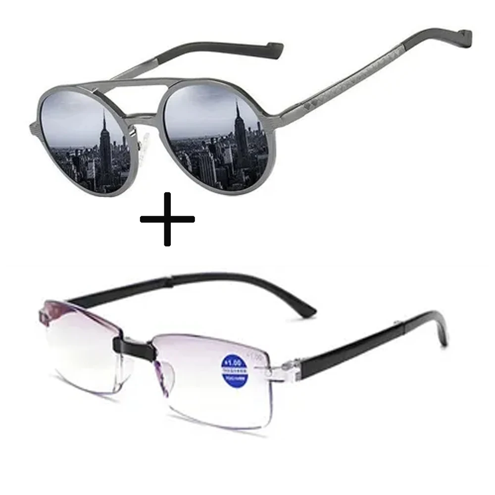 

2Pcs!!! Rimless Frameless Blu Light Blocking Reading Glasses with Case and Double Bridge Round Sunglasses Metal Luxury