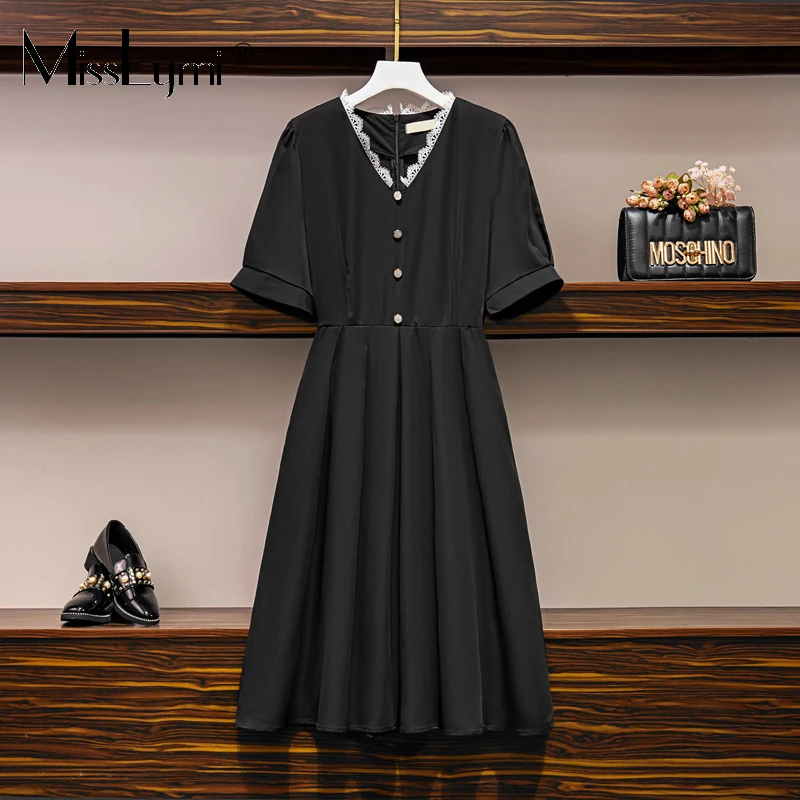 

L-4XL Plus Size Little Black Dresses Summer 2021 Fashion Lace Patchwork V-neck Short Sleeve High Waist Ladies A-line Long Dress
