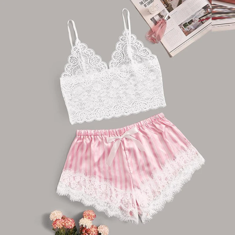 

New 3 Pieces Women Pajamas Sets Faux Silk Pajamas Sleepwear Sets Elegant Sexy Lace Fashion Casual Home Clothes Nightwear