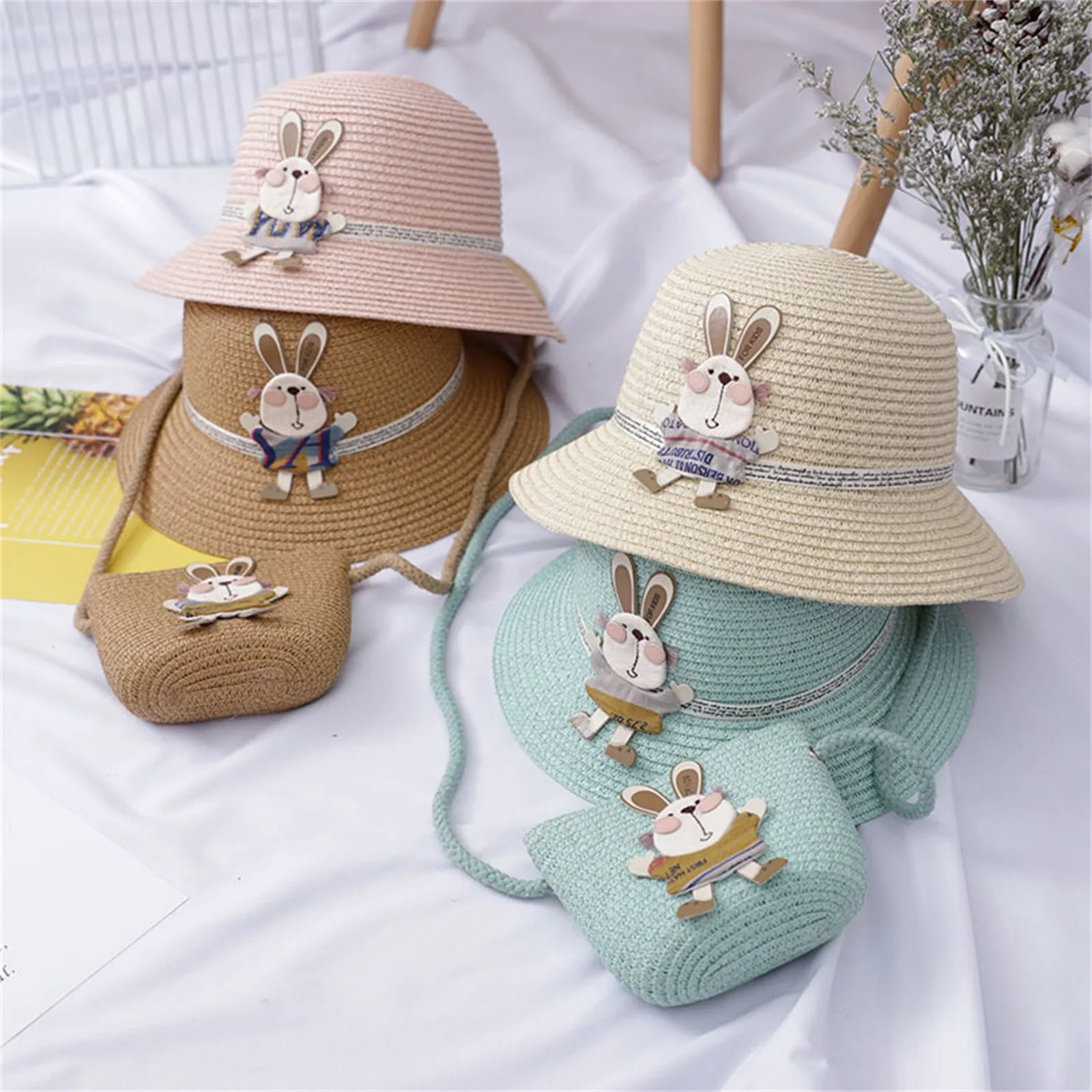 

Children Girl Summer Straw hat girl child sun hat summer beach hat + Straw Bag straw pocket suit outdoor activities #G