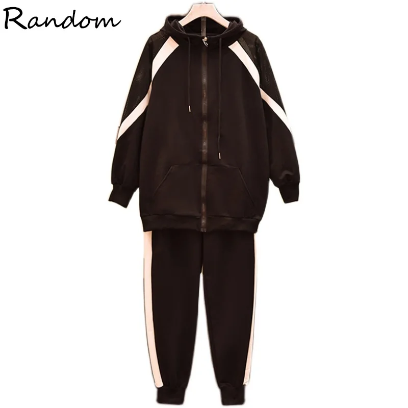 

2020 Women Plus Size XL-5XL Sports Suit Hooded Coat Top And Pant Two Piece Tracksuit Matching Set Black White Clothes Run Outfit