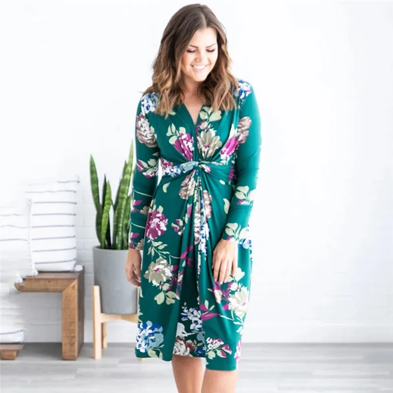 

Dress Autumn Women Casual Long Sleeve Boho Floral Print Midi Dresses Black V-neck Bandage Elegant Party Dresses Vestidos 2020