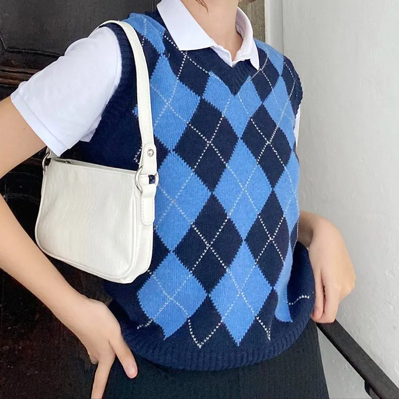 

Preppy Style Argyle Knitted Women Vest V Neck Sleeveless Panelled Female Vests Tide New Autumn Ladies Geometry Pullovers Girl