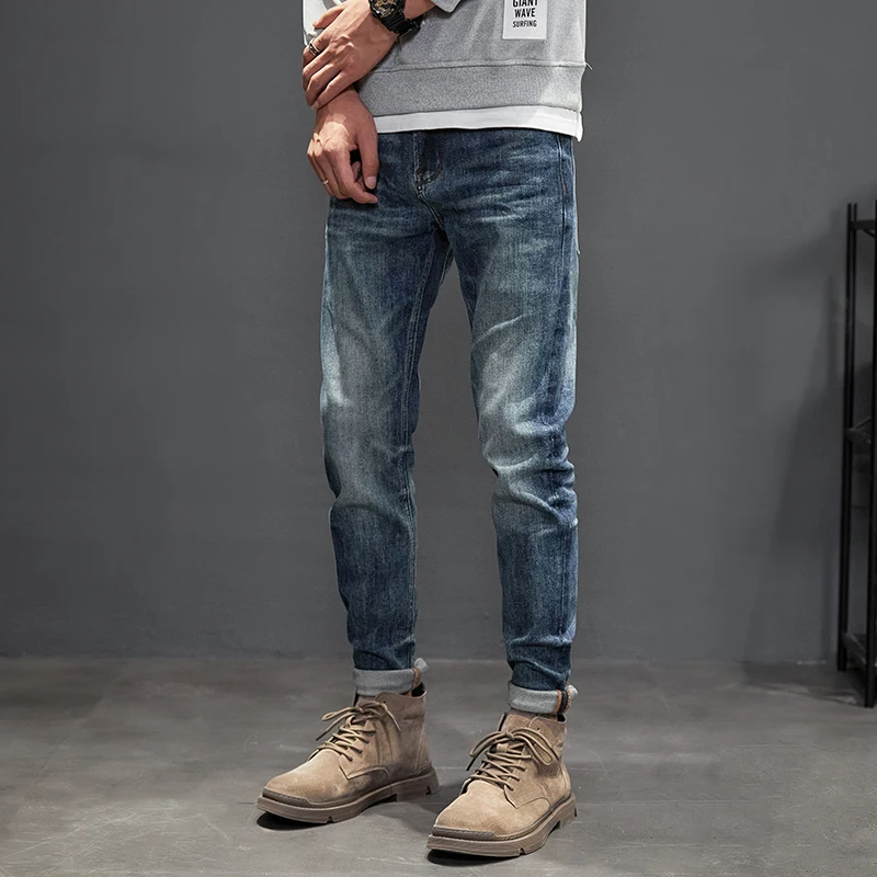 Newly Street Fashion Men Jeans High Quality Retro Blue Elastic Vintage Designer Slim Jeans Men Korean Style Casual Denim Pants