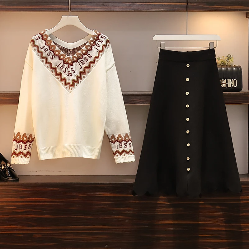 Women Autumn Winter Knitted Two Piece Set Pattern V-neck Loose Cardigan Coat+Long Skirt Sets Female Plus Size Sweater Suit |