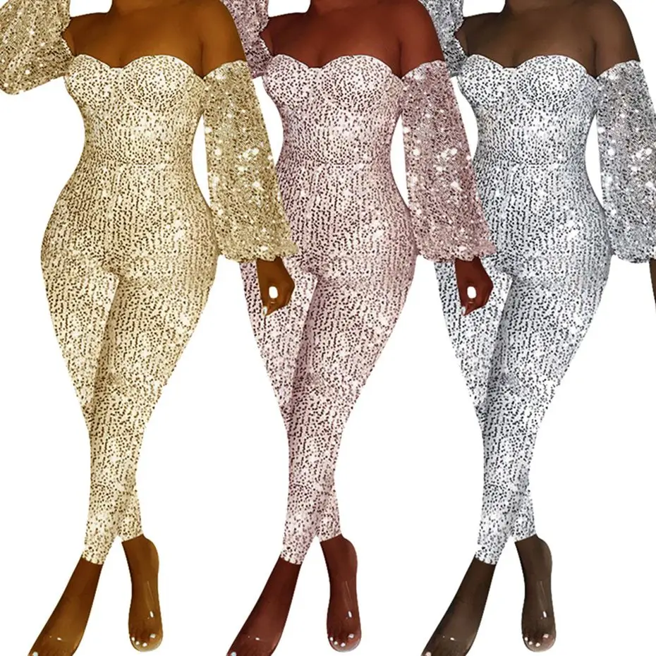 HAOYUAN Sexy Sequin Jumpsuit Women Off Shoulder Lantern Sleeve Overalls Romper One Piece Outfit Streetwear Rave Bodycon Jumpsuit